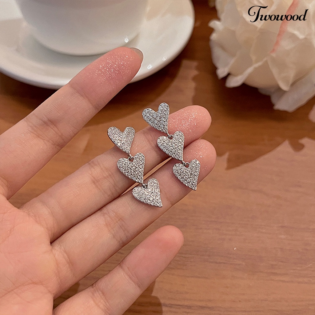 Twowood 1pasang Drop Earrings Cubic Zirconia Sparkling Electroplating Lurus Gantung Liontin Hias Hypoallergenic Cinta Hati Menjuntai Anting-Anting Perhiasan Aksesori