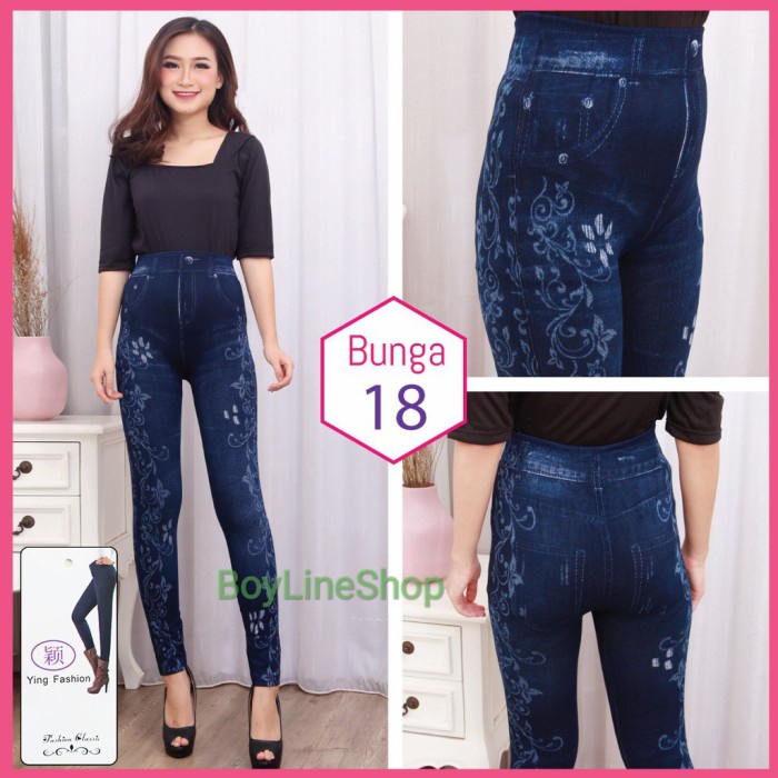 ✨LARIS✨ -Legging Jeans Bunga Motif 15 - 19 / Legging Wanita Import / Legging - Bunga 21, All Size- 1
