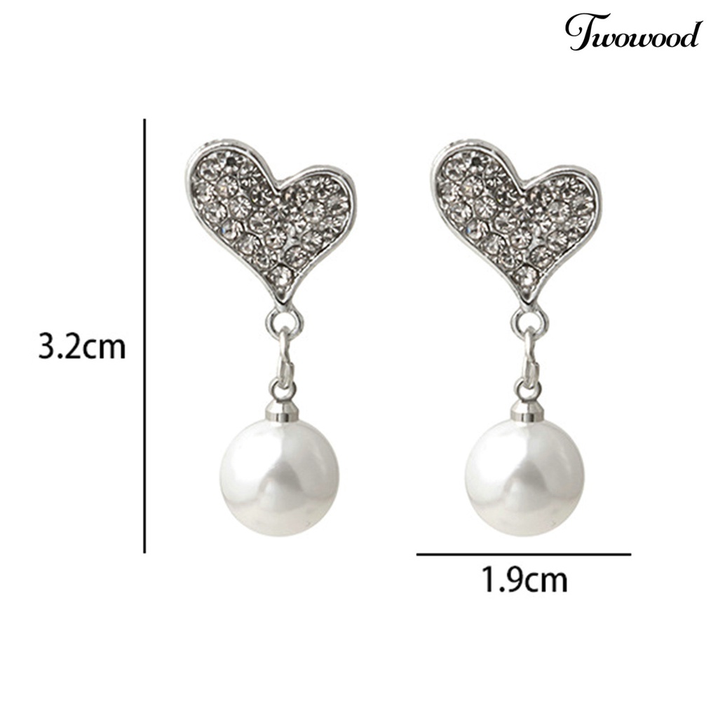 Twowood 1pasang Anting Menjuntai Shiny Ear Decoration Gaya Korea Berlian Imitasi Cinta Hati Mutiara Imitasi Temperamen Anting Tusuk Untuk Pacaran