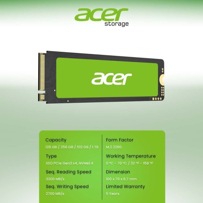 ACER SSD FA100 M2 NVME 2280 128GB GARANSI RESMI ACER5 TAHUN