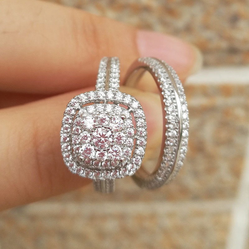 Klasik 2Pcs/Set Cincin Kawin Untuk Wanita Warna Perak Mewah Briliant Cubic Zirconia Temperamen Elegan Perhiasan Perempuan