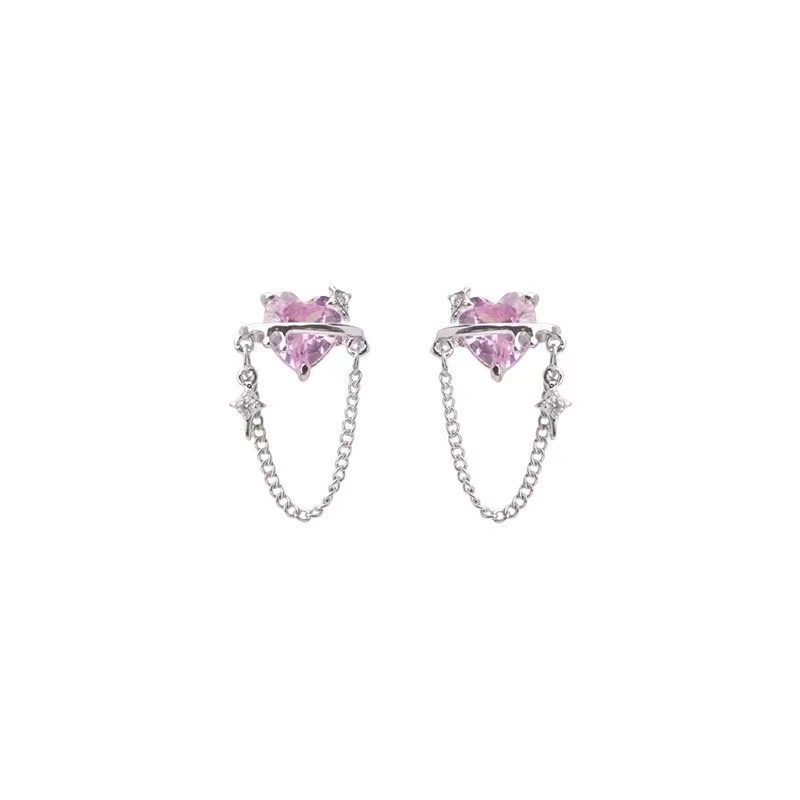 Elegant Pink Gemstone Earrings for Women Fashion Crystal Chain Stud Earring Jewelry Accessories