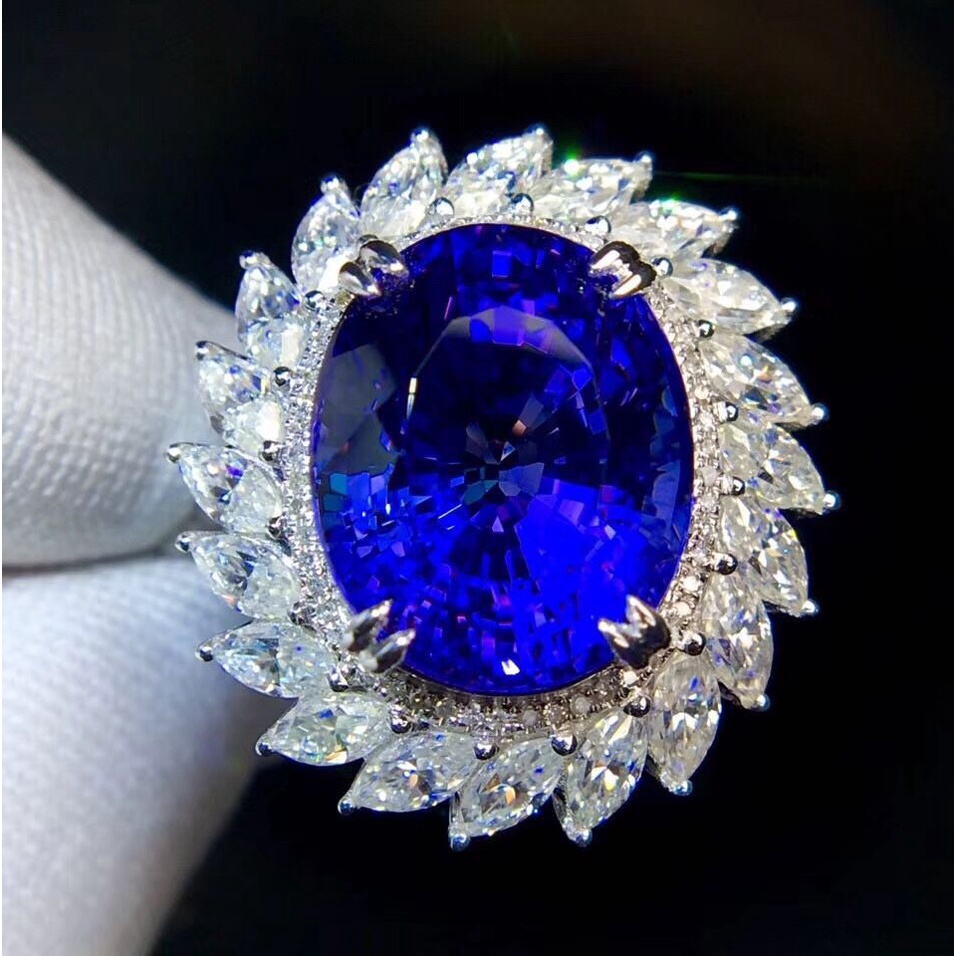 Goldkingdom Aksesoris Perhiasan Fashion Ready Stock Imitasi Alami 5A Royal Biru Tanzanite Putri Diana Cincin Terbuka Berlapis Dengan 18 K Emas Asli Kadar 375 Putih Micro-set Perhiasan Mewah