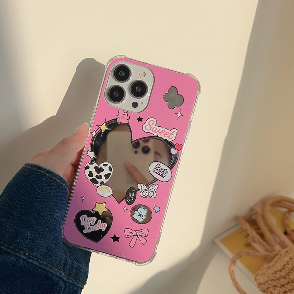 Cute Pink Love Bear Kartun Make Up Cermin Silikon Case Untuk Iphone SE 2020 7 /8 Plus 14x XR XM 11 12 MINI 13 PRO MAX Casing Cover Pelindung AT0077