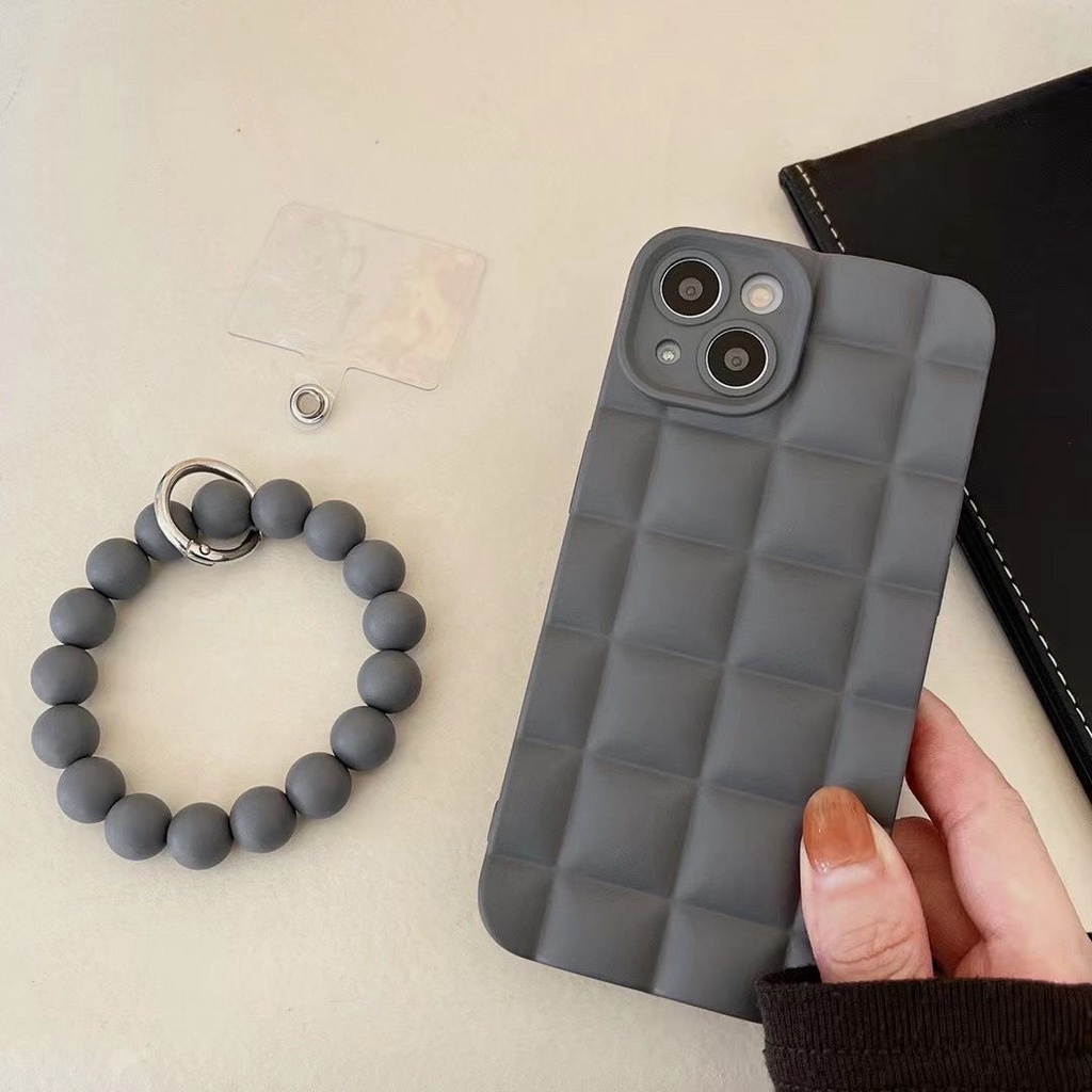 Casing Ponsel Lembut Motif Kotak-Kotak 3D Untuk iPhone 14 Pro Max13 12 11 Pro Max Xs Max Xr X Xs 7Plus 8Plus 6 6P Gelang Dengan Manik-Manik Casing Penutup Belakang