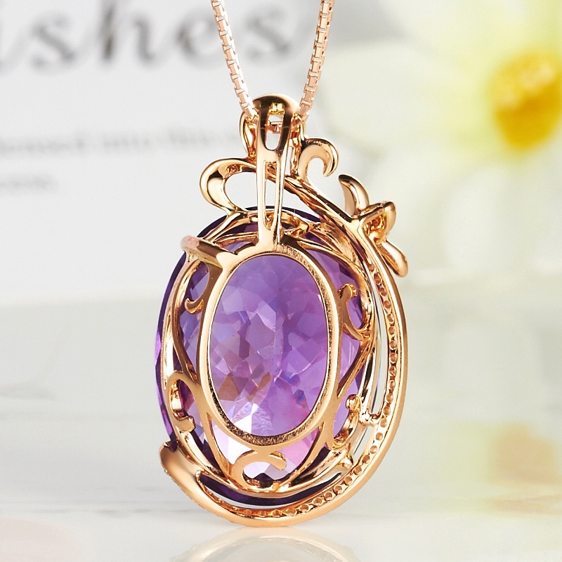 Goldkingdom Fashion Perhiasan Aksesoris Ready Stock Karat Amethyst Sintetis Set Liontin Dengan Batu Permata Berwarna Kalung Wanita Lapis Emas Asli Kadar 375 18K Amethyst Necklace