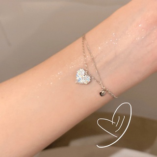 AY(CN) Gelang Rantai Liontin Hati Kristal Lapis Ganda Warna Silver Untuk Wanita