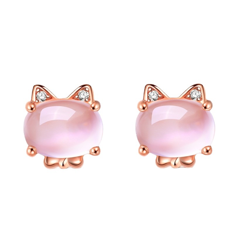 Goldkingdom Fashion Perhiasan Aksesoris Ready Stock Perak Disepuh Rose Gold Pink Kristal Anak Kucing Anting Liontin Korea Temperamen Batu Perhiasan Perak