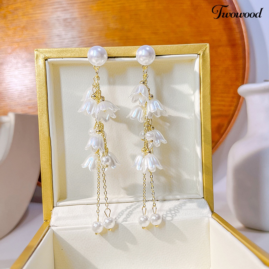 Twowood 1pasang Anting Rumbai Bunga Liontin Mutiara Imitasi Electroplating Tidak Alergi High Gloss Ear Ornament Colorfast Lady Elegan Anting Rumbai Rantai Panjang Untuk Pacaran