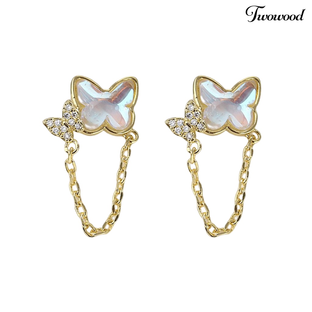 Twowood 1pasang Ear Studs Mini Faux Moonstone Elegan Berlian Imitasi Tertanam Kupu-Kupu Rantai Wanita Anting Fashion Perhiasan