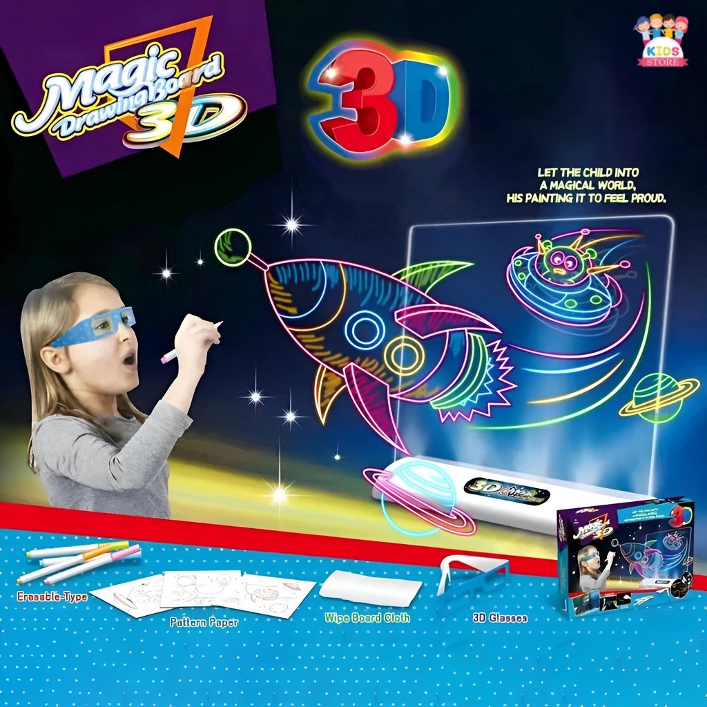 Magic Drawing Board 3D LED | Mainan Edukasi Anak Menggambar Papan Tulis | Kado Ultah Anak Cowok Cewek