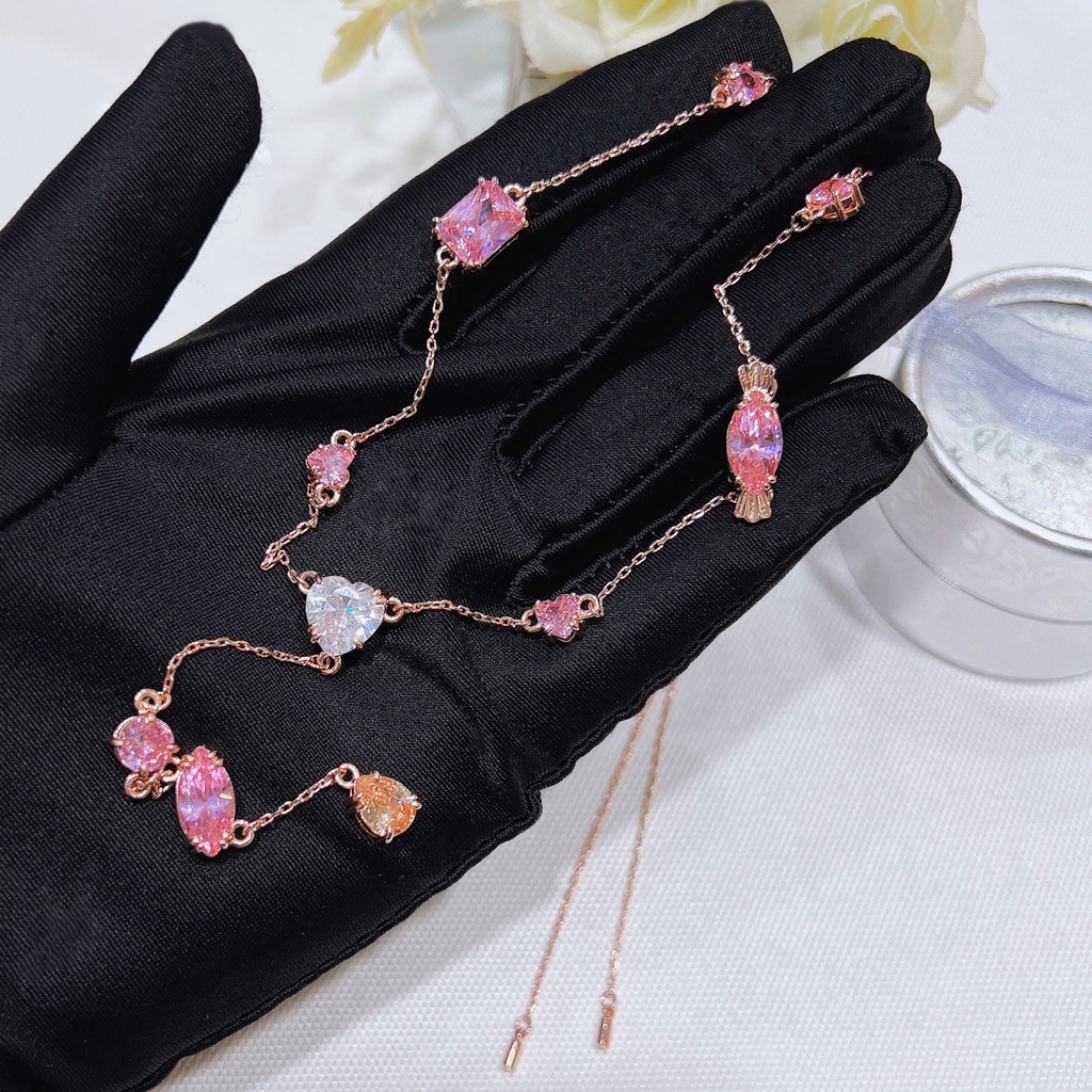 Goldkingdom Aksesoris Perhiasan Fashion Ready Stock Square Candy Earstuds Gelang Kristal Ins Desain Kecil Dan Mewah Kalung Permen Perempuan Rantai Klavikula Merah Muda Berlian Gelang