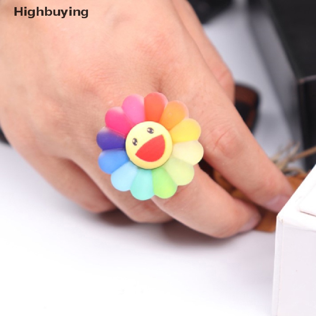 Hbid Hujan Permen Warna Sun Flower Smiley Face Cincin Resin Akrilik Untuk Wanita Fashion Lucu Manis Keren Cincin Gadis Perhiasan Hadiah Glory