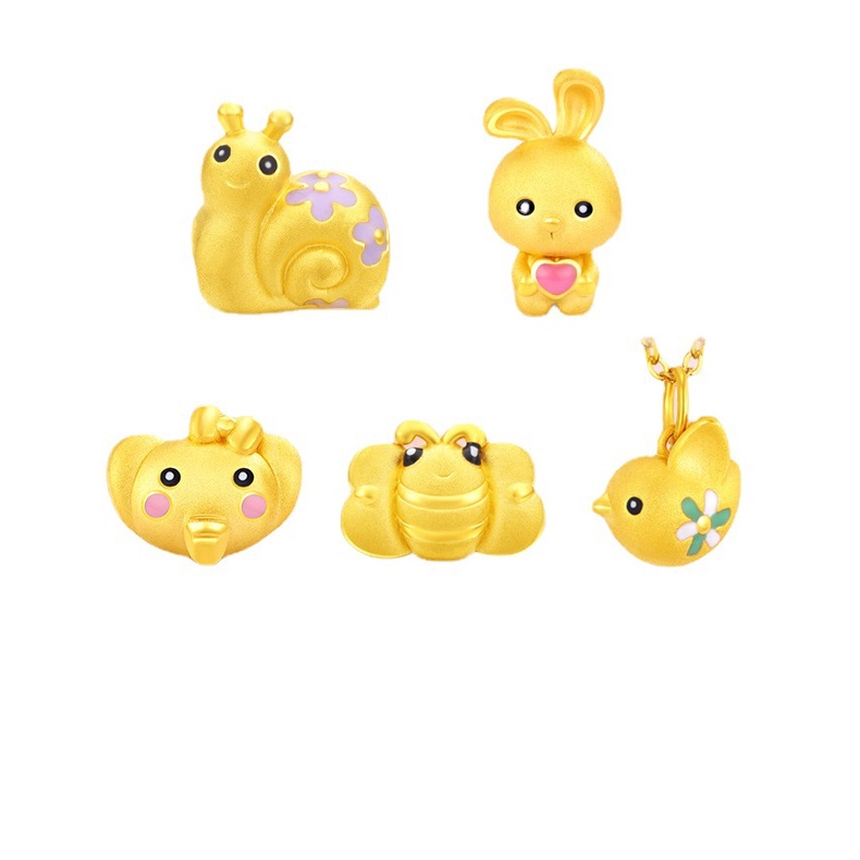 Goldkingdom Aksesoris Perhiasan Fashion Ready Stock Hewan Kecil Dengan Manik-Manik Transfer Lapis Emas Asli Kadar 375, Kelinci, Burung, Keong, Kupu-Kupu, Lebah, Tali Tangan Dan Manik-Manik.