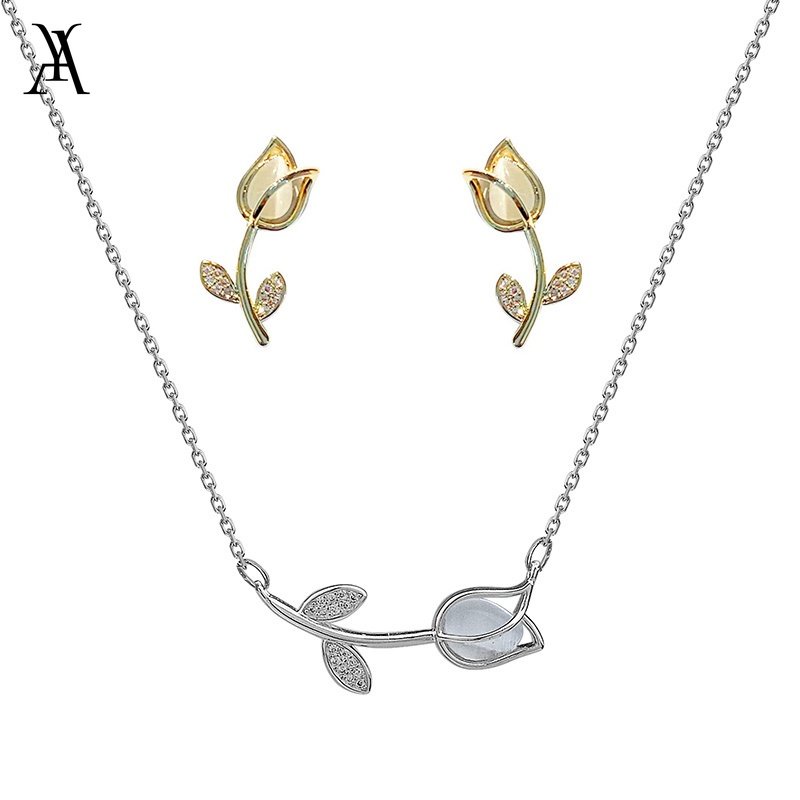 AY(CN) Kalung Anting Tulip Sederhana Kalung Anting Moonstone Kristal Emas Perak Earring Chain Choker Untuk Aksesoris Perhiasan Wanita