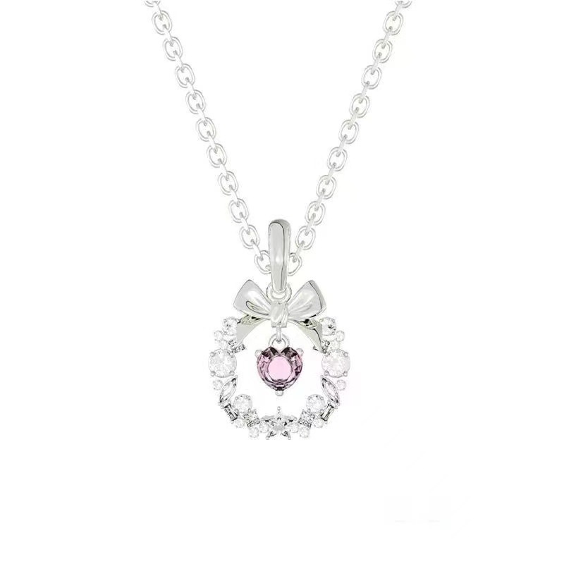 Ladies Fashion Bowknot Heart Necklace Crystal Rhinestone Necklace