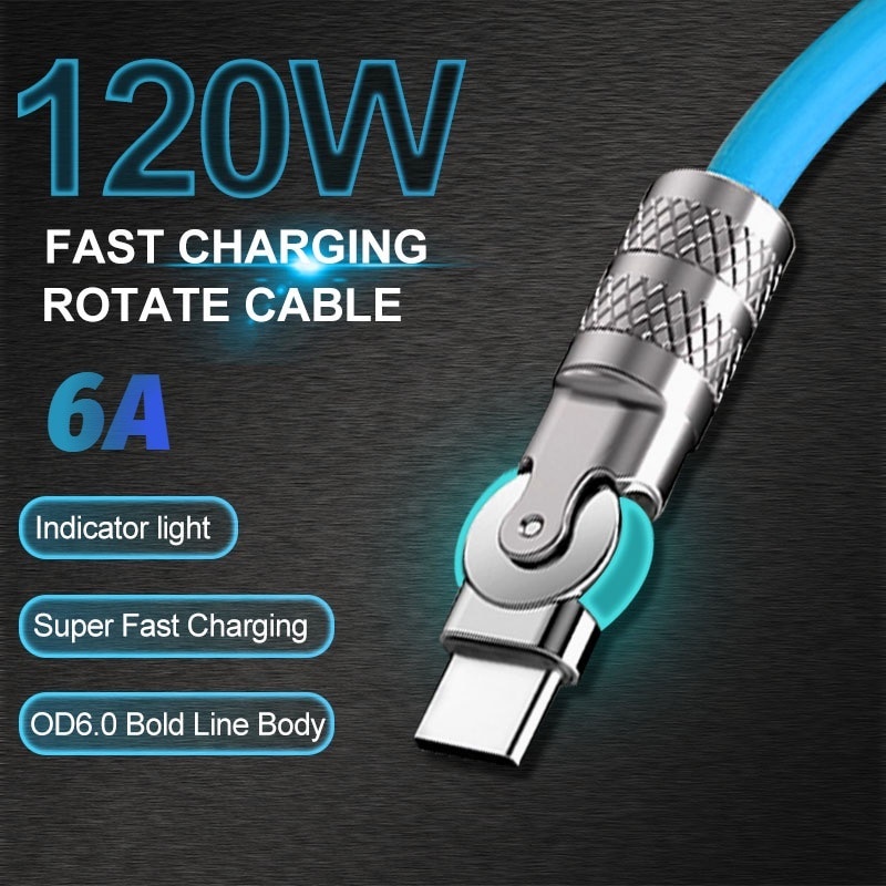 Usb Type-C Silikon Cair 120W 6A Kabel Pengisian Super Cepat 180derajat Rotating Elbow Zinc Alloy Gaming Charging Cable Untuk Xiaomi