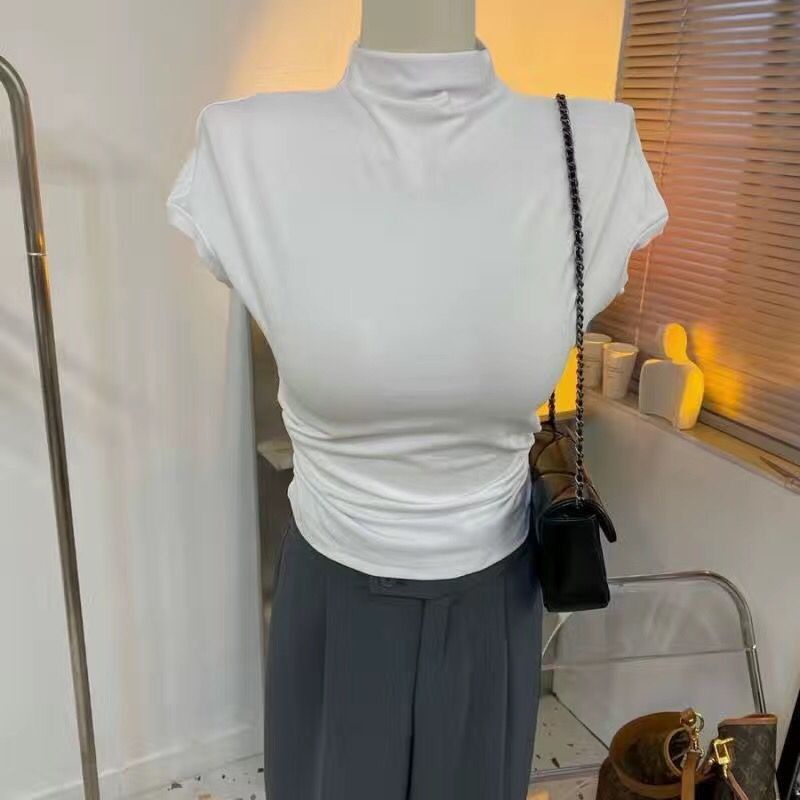 Red 2023 Pure Desire Gaya Korea Desain Lipatan Samping Pinggang Kerah Berdiri Setengah Tinggi Kerah Slim Lengan Pendek T-shirt Wanita Xia Xin Bawah Kemeja