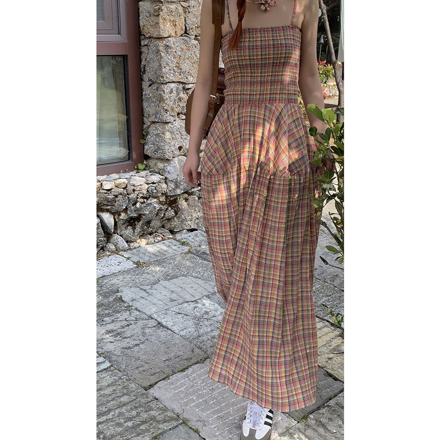 Red Warna Kotak-kotak Suspender Gaun Wanita 2023 Musim Panas Baru Gaya Korea Sederhana Pinggang Slimming All-Match Rok Panjang