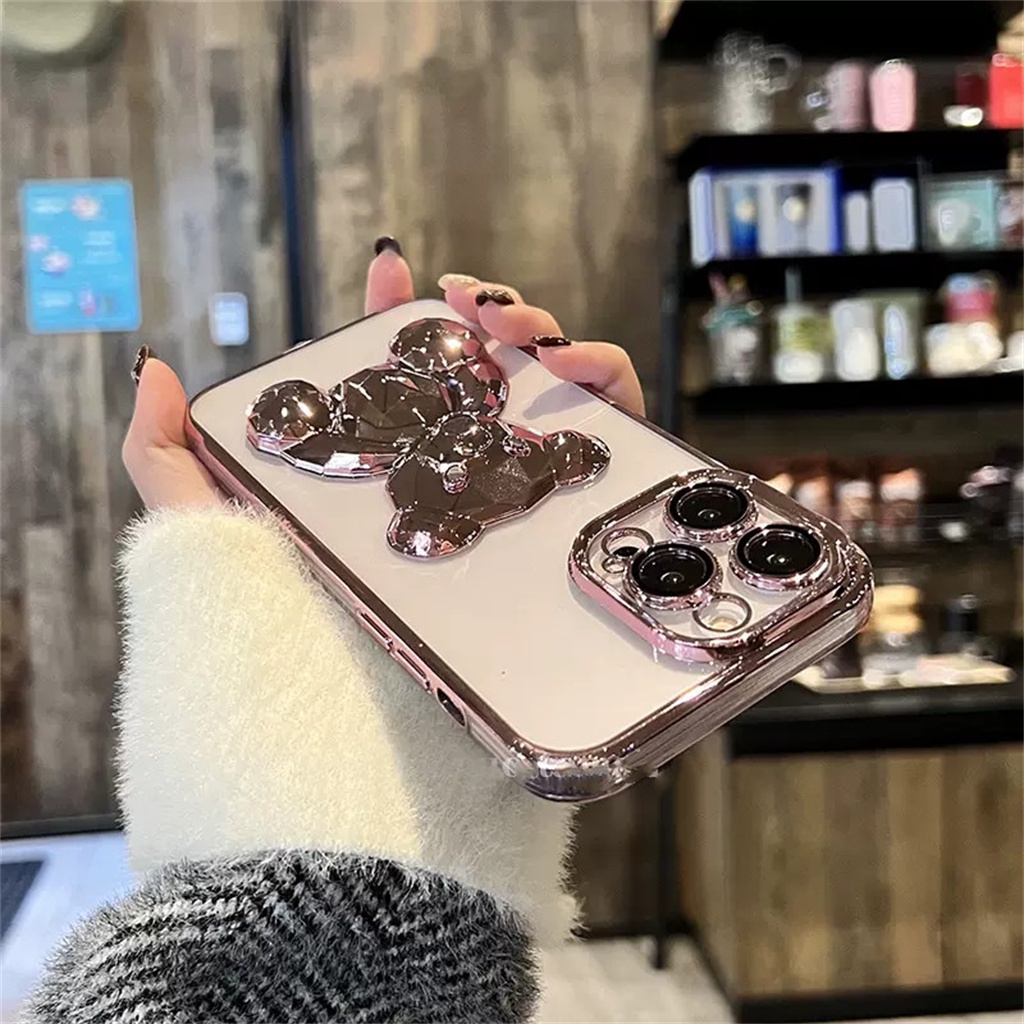 Luxury Metal 3D Cub Case iPhone 14 Pro Max Case iPhone 13 12 Pro Max Case14 Plus Promax Pelindung Kamera Lensa Case Iphone14 Transparan Shockproof TPU Penutup Belakang