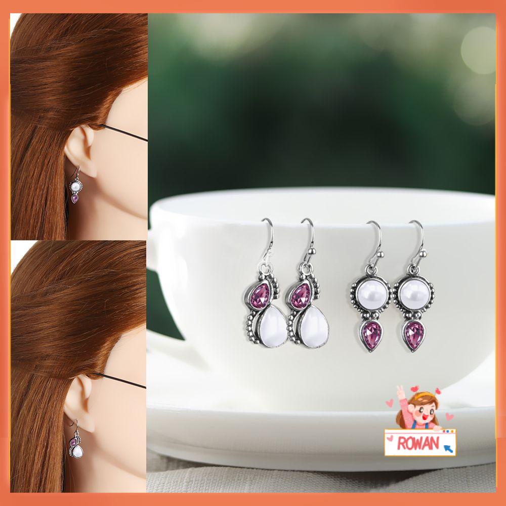 R-flower Moonstone Earrings Perhiasan Tunangan Lapis Perak925 Amethyst Hook Eardrop