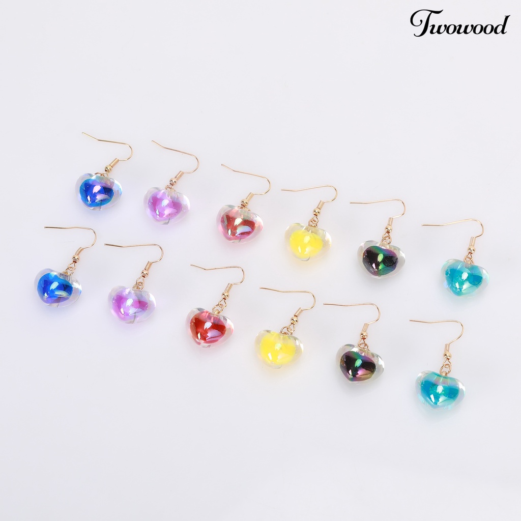 Twowood 1pasang Anting Wanita Indah Pengerjaan Halus Pengerjaan Mata-catching Elektroplating Nyaman Dipakai Berdandan Tahan Luntur Perempuan Akrilik Jantung Kait Drop Earrings