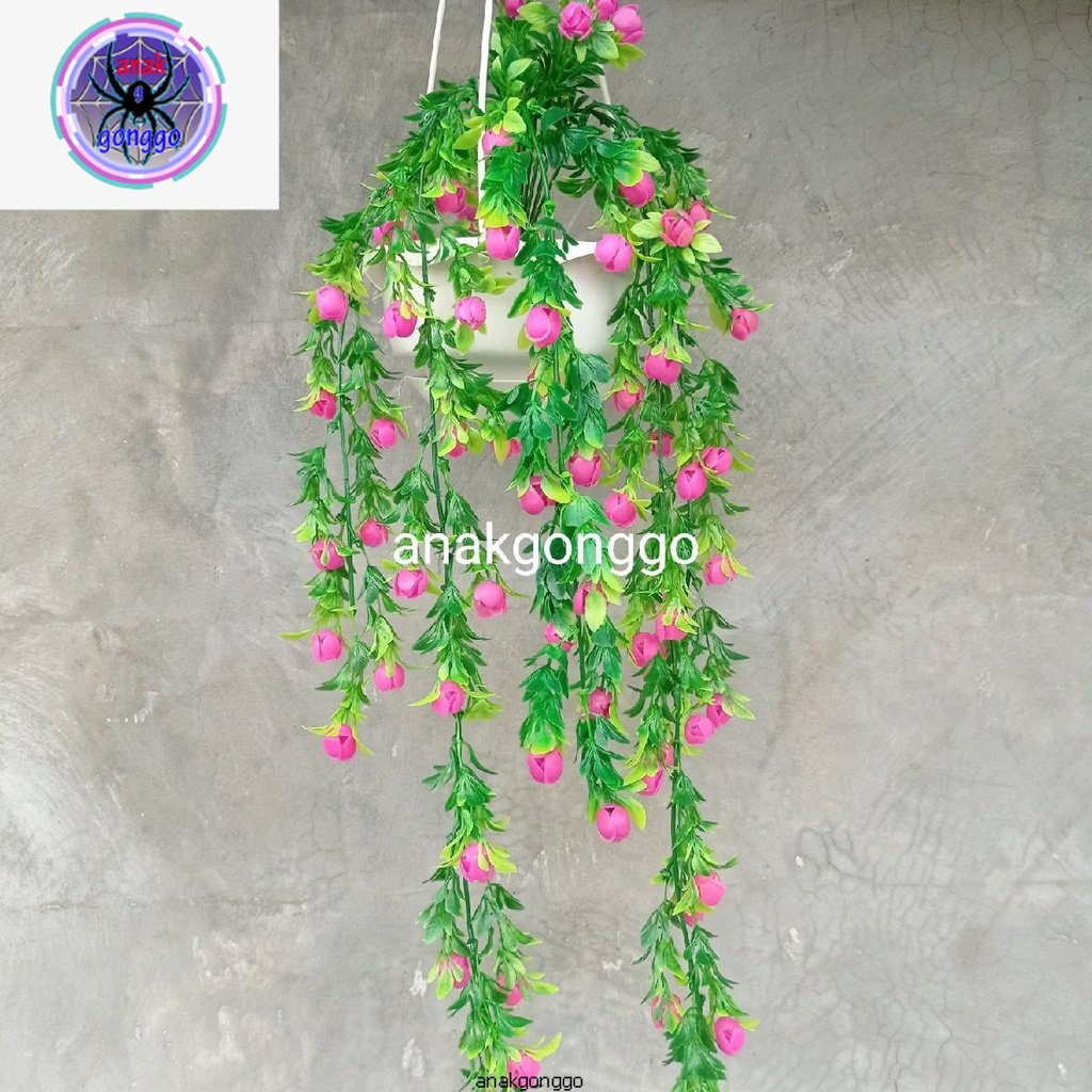 Tanaman Hias Artificial Palsu Vernalya Juntai Priti Ungu dan Pot Gantung Tali Putih