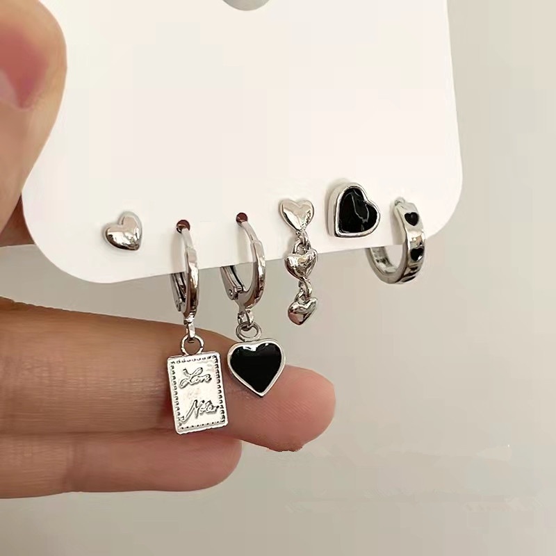 6pcs/set Warna Silver Cinta Hati Logam Rumbai Rantai Anting/Tidak Teratur Geometris Anting Perhiasan Aksesoris