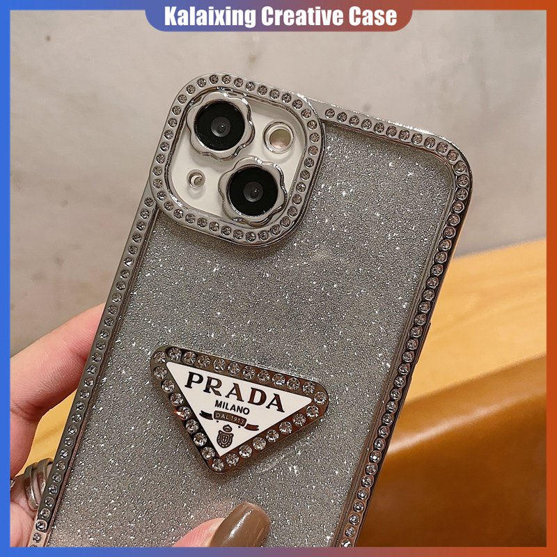 Casing Ponsel Prada Studded Berlian Untuk iPhone 14 Pro Max 13 Pro 12 Pro 11 Pro Max Soft Casing Back Cover