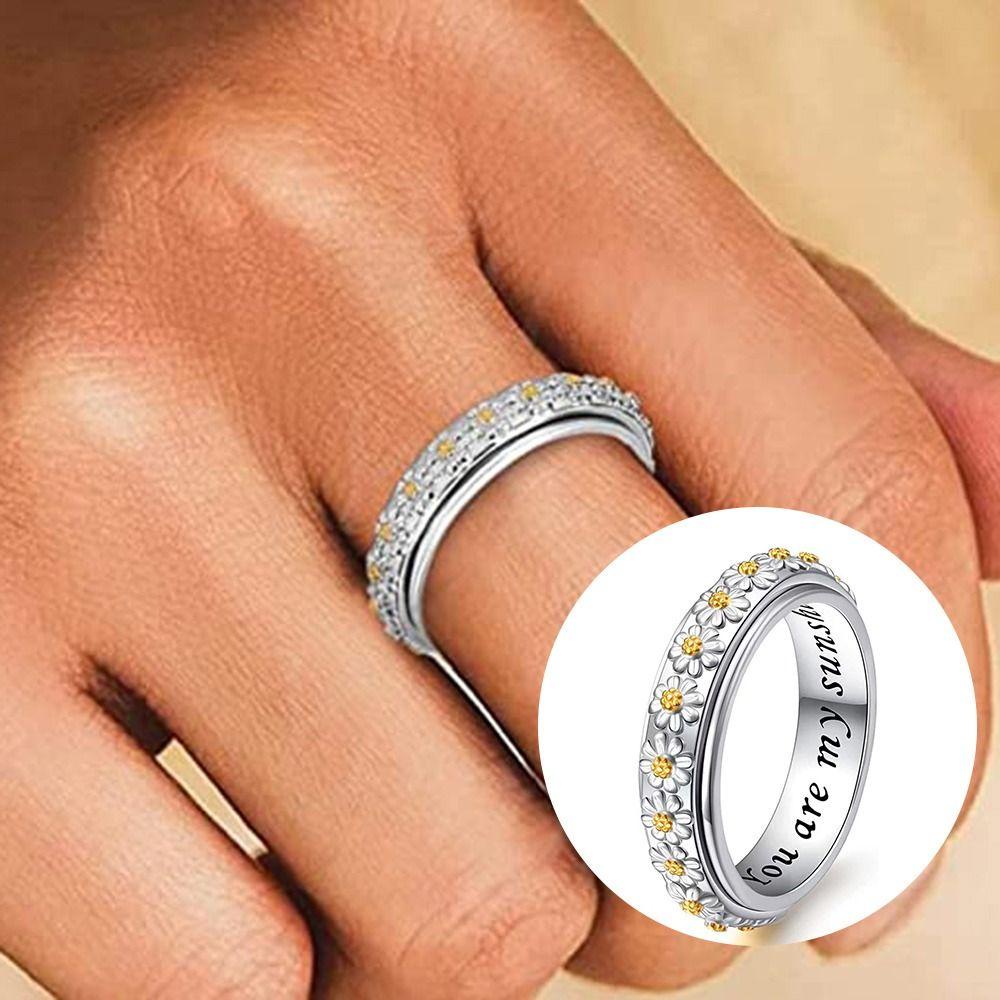 R-flower Daisy Rotating Ring Cincin Aksesoris Pesta Untuk Wanita Penuh Berlian Zirkon Bunga Cincin