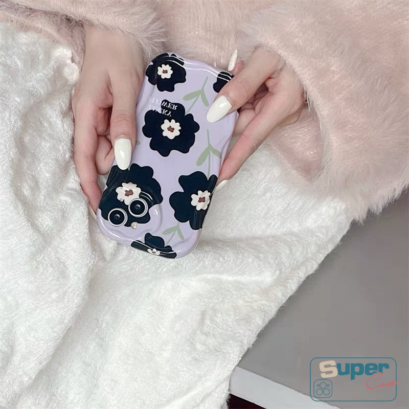 IPHONE Floral Soft Tpu Glossy Phone Case Kompatibel Untuk Iphone7-8 6s 6 Plus XR 13 11 12 14 Pro Max X XS Max SE 2020 Fresh Flower Purple 3D Wavy Curved Edge Shockproof Airbag Cover