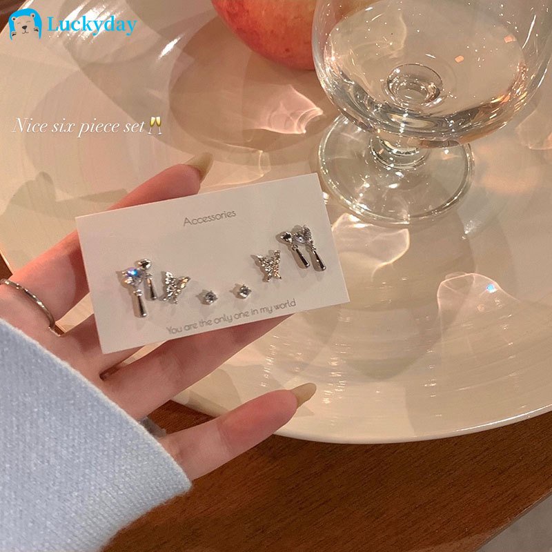 YEEZII 6pcs/set Perak Stud Anting Set Untuk Wanita Zirkon Jantung Cair Kupu-Kupu Earing Aksesoris Fashion Perhiasan