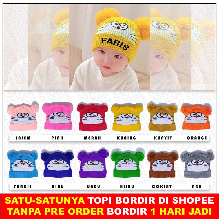 Kupluk Bayi Pompom Karakter Doraemon Topi Bordir Nama 1 Hari Jadi