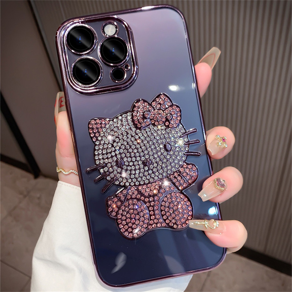 Kartun 3D Berlian Hello Kitty case iphone 14 pro max case iphone 13 12 pro Max14 plus promax Mewah Lensa Kamera Bening Tertutup Penuh Perlindungan shock Lembut Penutup Belakang