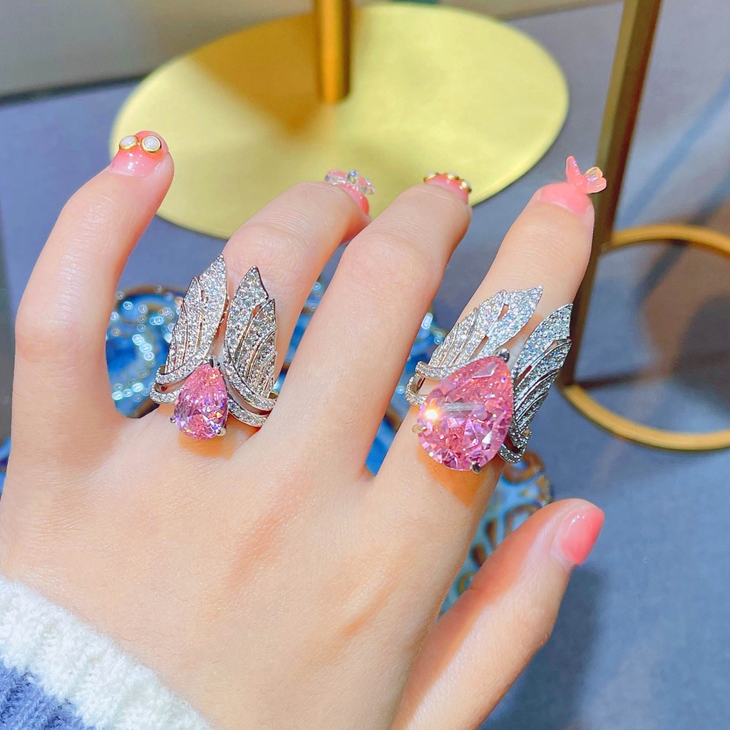 Goldkingdom Fashion Perhiasan Aksesoris Ready StockTiktok Gaya Euro-Amerika Retro Zamrud Cincin Yang Dapat Disesuaikan Kreatif Sayap Malaikat Warna Harta Cincin