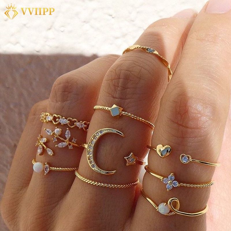 Set Cincin Retro Bulan Bintang Butterfly Hollow Snake Crystal Gold Rings Untuk Aksesoris Perhiasan Wanita