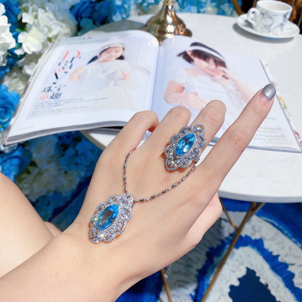 Goldkingdom Aksesoris Perhiasan Fashion Ready Stock Desain Perhiasan Tinggi Bentuk Mata Kuda Tanah Berat Set Berlian Karbon Tinggi Aquamarine Topaz Kalung Cincin Set