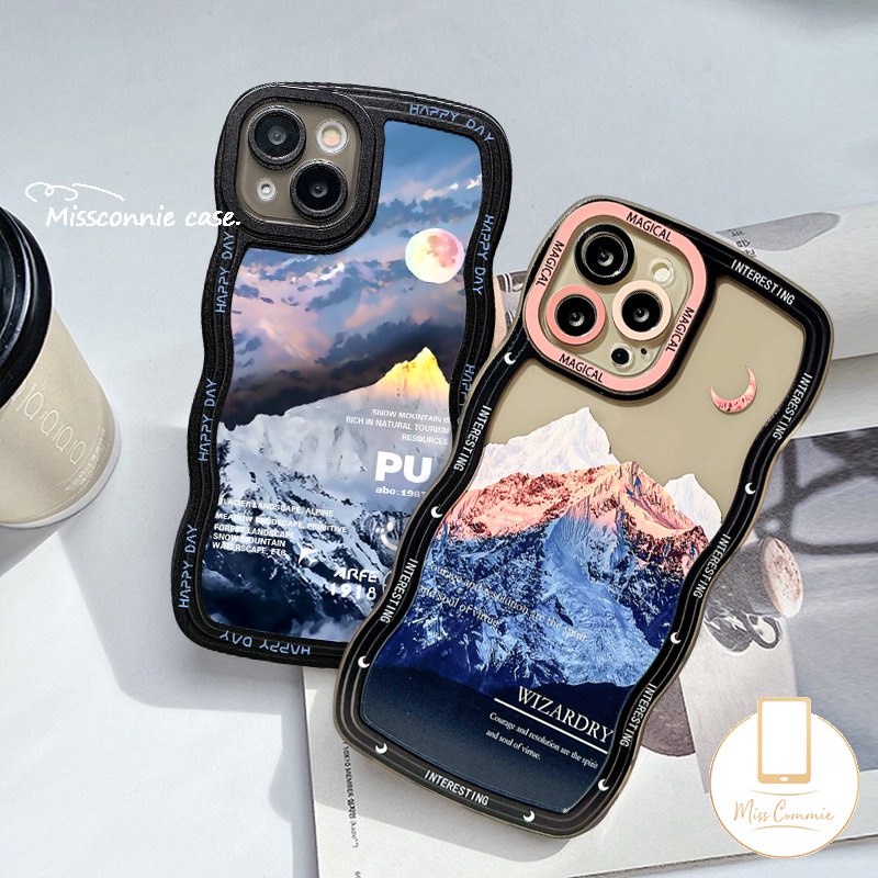 IPHONE Couple Case Kompatibel Untuk Iphone11 14 12 13 Pro Max 7Plus XR X XS Max 7 6 6s 8 14 Plus SE 2020 Fantasi Matahari Salju Gunung Lembut Tpu Bergelombang Tepi Smile Phone Cover