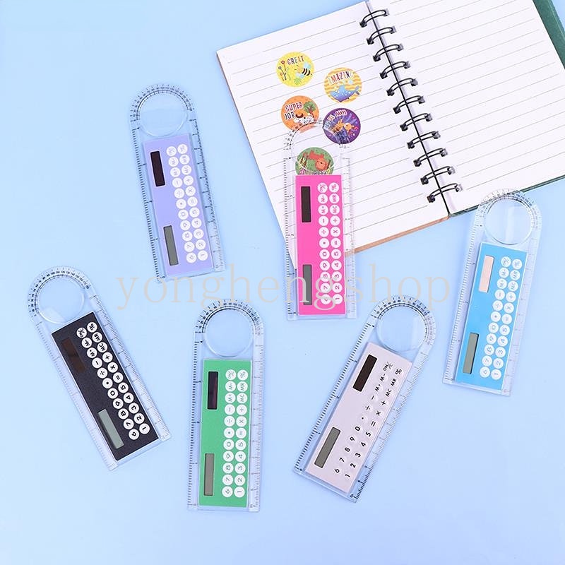 Kreatif 3in1 Penggaris Kartu Surya Dengan Kaca Pembesar Mini Portable Kalkulator Penggaris Sudut Hadiah Anak Sekolah Kantor Supply Alat Tulis Siswa Alat Tulis Matematika