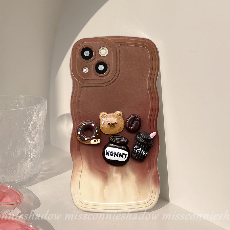 REDMI Ins 3D Lucu Kartun Mainan Beruang Kopi Donat Case Redmi10 9T A1+10A 10C A1 9 9A 9C NFC Note10 11 10s 9s 8 11Pro 9 10Pro 11s POCO M3 X3 NFC Pro Mi 11T Pro Gradiasi Bergelombang Casing Edge