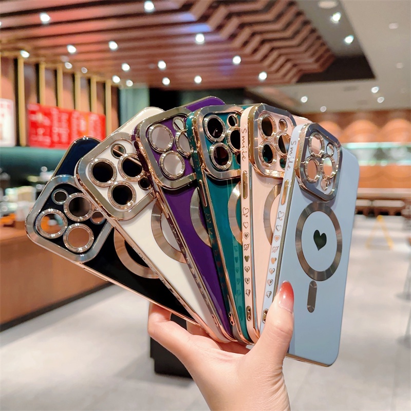 Luxury Wireless Charge Cinta Hati Plating Case Untuk IPhone 14 Pro Max Magnetic Square Plating Frame Phone Case Untuk IPhone 11 12 13 14 Plus Cover Pelindung Lensa