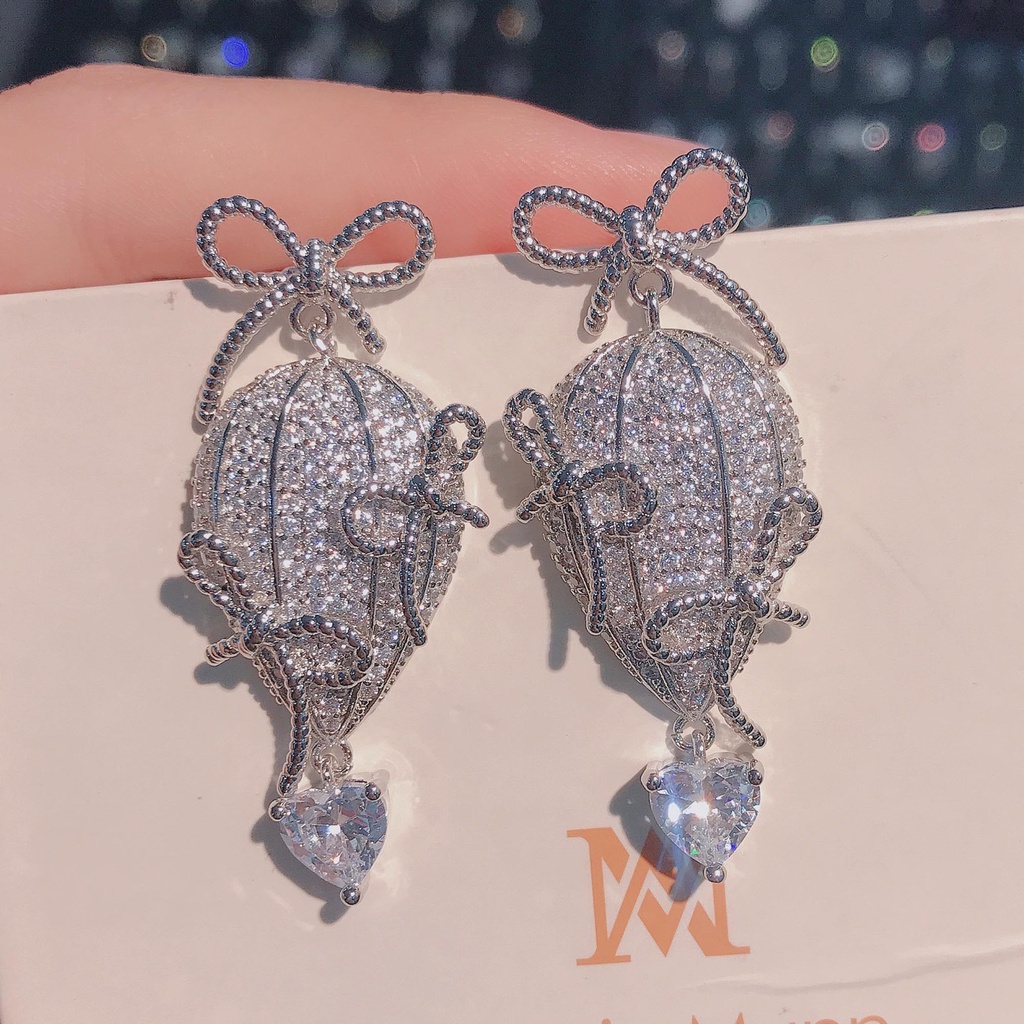 Goldkingdom Fashion Perhiasan Aksesoris Ready Stock Balon Udara Panas Anting Wanita Ins Sederhana Anting Super Peri Desain Busur Merah Muda Berlian Stud Earrings Wanita