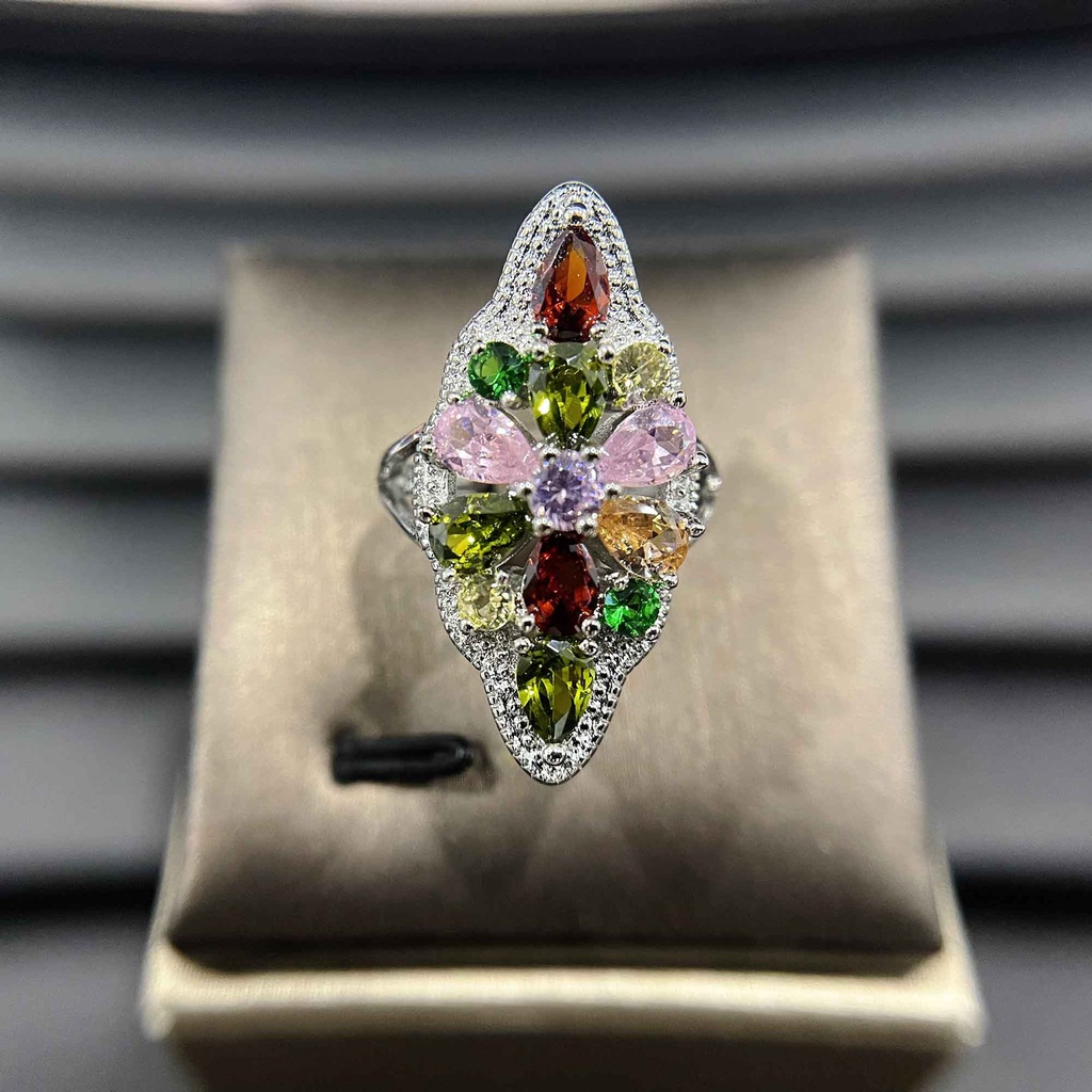 Goldkingdom Fashion Perhiasan Aksesoris Ready Stock Imitasi Warna Alami Harta Karun Turmalin Cincin Tetesan Air Pear Berbentuk Mata Kuda Berbentuk Cincin Wajah Perempuan