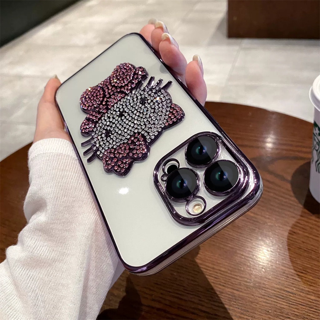 Berlian Mewah 3D Hello Kitty case iphone 14 pro Max14 plus case iphone 13 12 pro max Perlindungan Kamera Lensa Berlapis bezel Bening Perlindungan shock TPU soft back cover