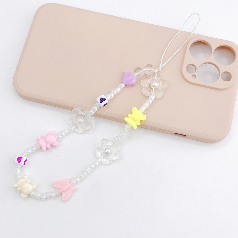 Beruang Akrilik 3D Dan Kupu-Kupu Dengan Bunga Transparan Manik-Manik Mutiara Tidak Teratur Anti-Hilang Rantai DIY Untuk iPhone Android OPPO VIVO Huawei Xiaomi Redmi Samsung Semua Ponsel Earphone Case