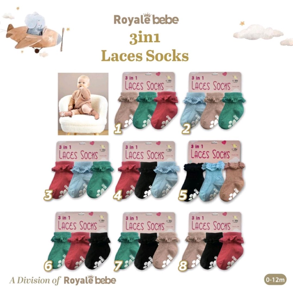 ROYALE BEBE LIL ME LACES SOCK 3IN1 0-12M / KAOS KAKI BAYI