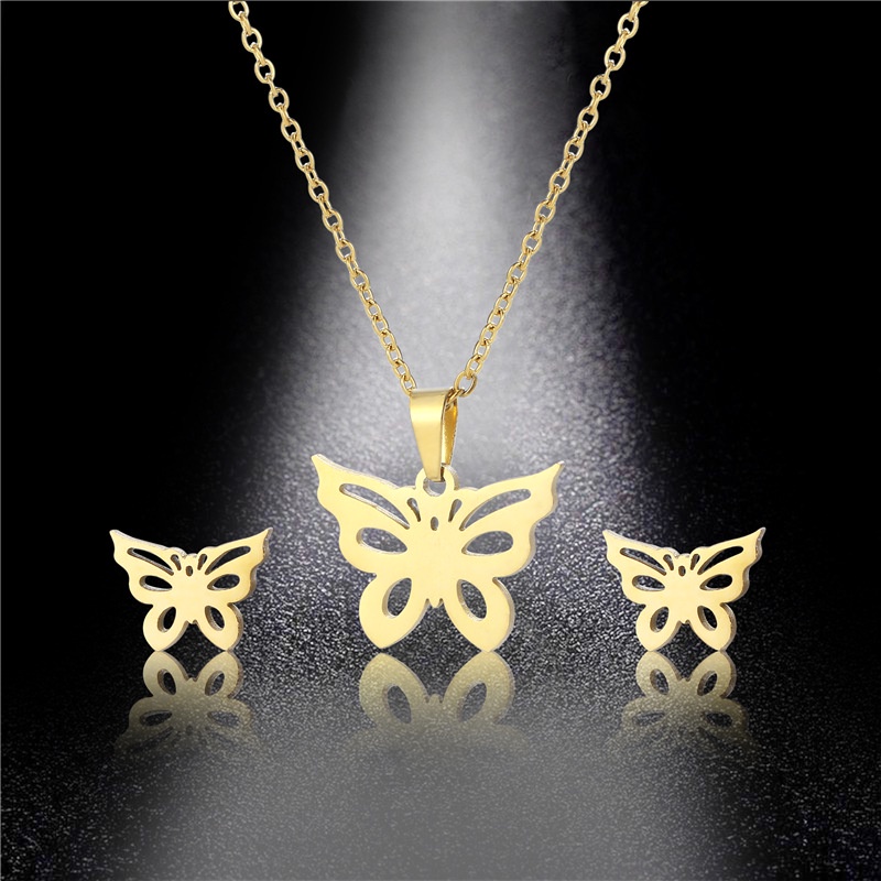 Korean hollow-out butterfly necklace earring set women's metal butterfly collar chain stainless steel three-piece set personality jewelry