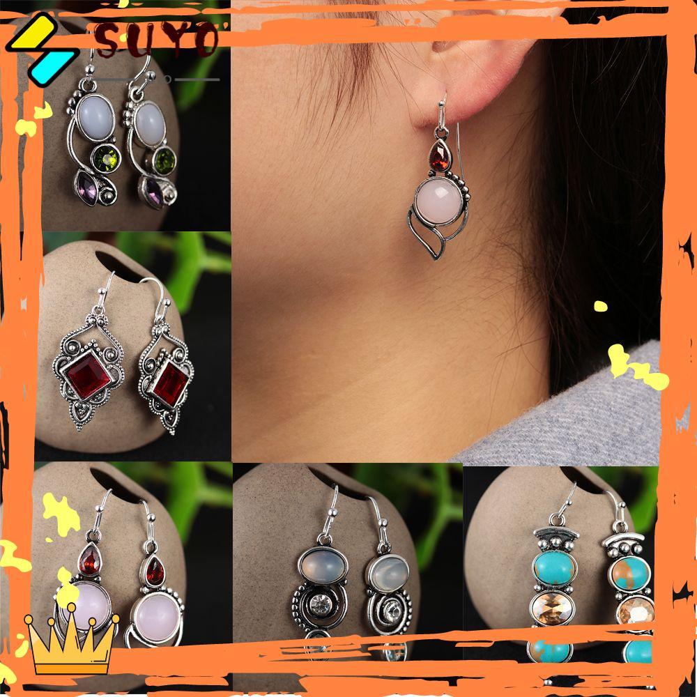 Suyo 1pasang Moonstone Anting Pesona Hadiah Vintage Perhiasan Menjuntai Pertunangan Pernikahan Turquoise