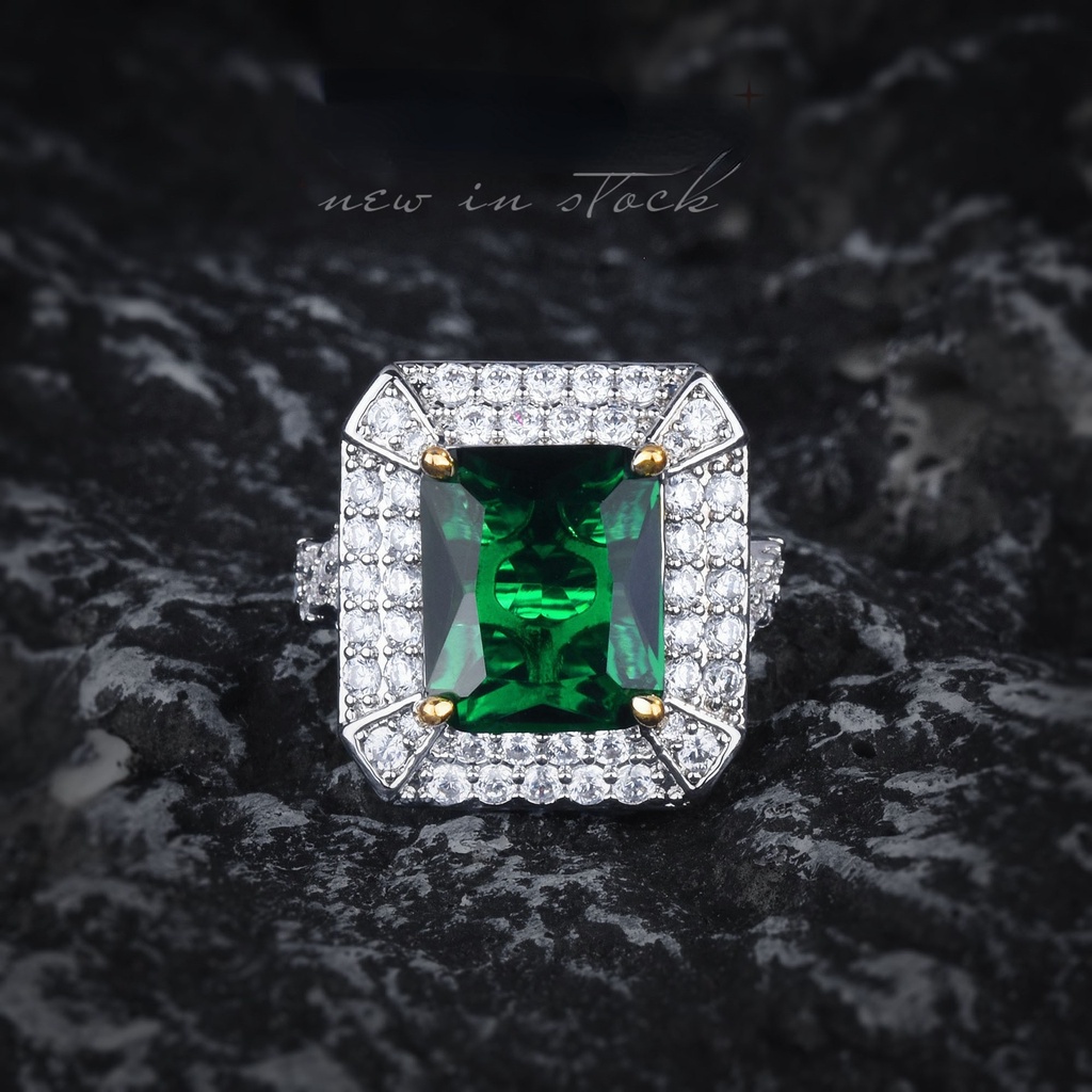 Goldkingdom Fashion Perhiasan Aksesoris Ready Stock Haute Couture Design Zamrud Cincin Putri Persegi Berlian Two-tone Emas Asli Kadar 375 Set Berlian Hijau Terbuka Cincin