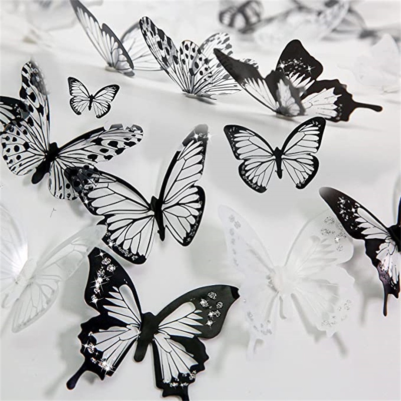 12/18 Pcs Multicolour 3-Layer Hollow Butterfly Stiker Hidup 3D Cermin Kupu-Kupu Decals Hitam Putih Gradien Kupu-Kupu Wallpaper Jendela Kamar Kulkas Dekorasi Pesta